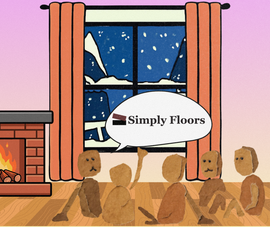 Illustration of people gathered in a cozy living room with fireplace and winter window view, featuring Simply Floors logo representing residential flooring solutions in Southern Alberta.