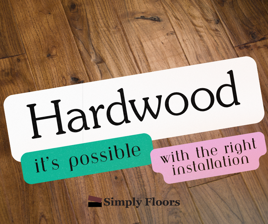 Hardwood flooring graphic with Simply Floors branding highlighting professional hardwood floor installation in Okotoks, Calgary, and Southern Alberta.